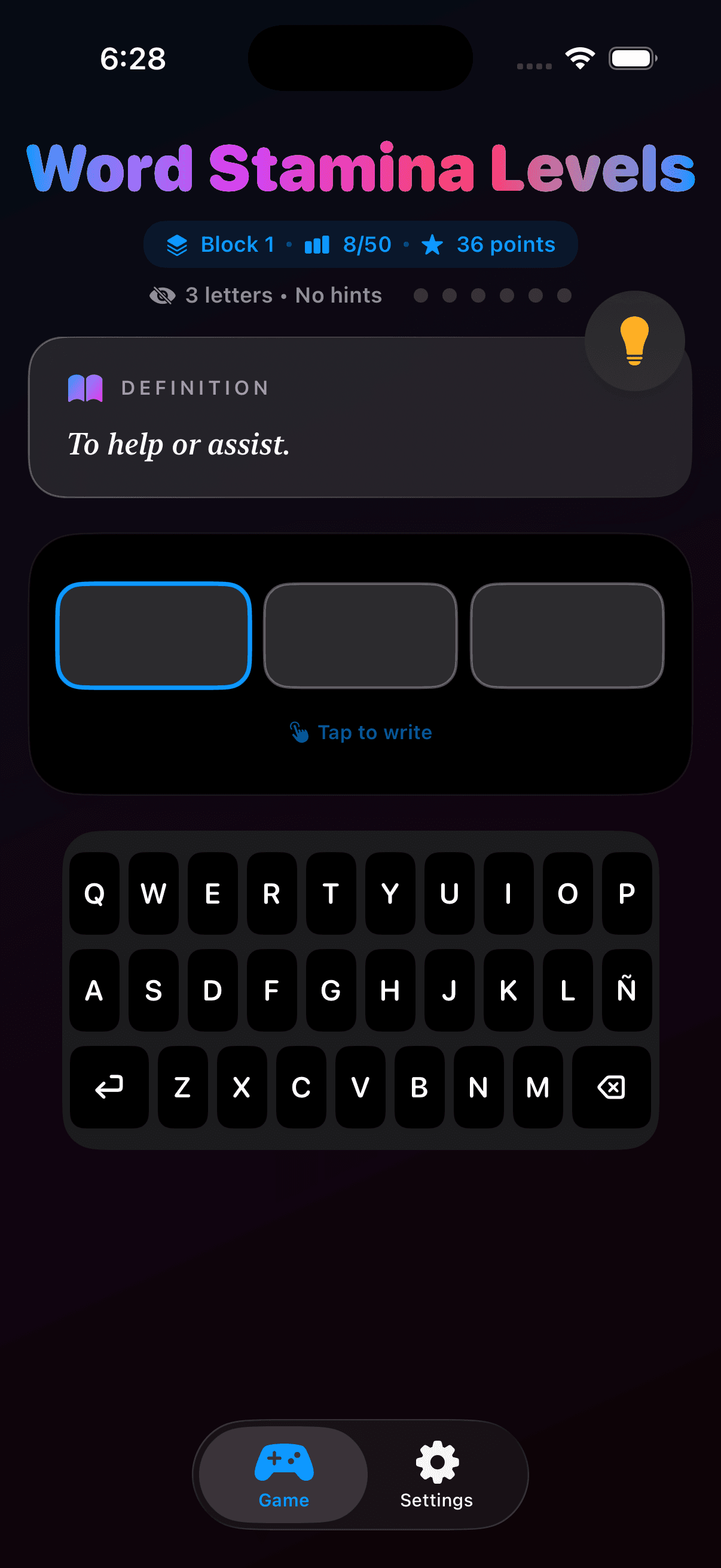 Word Stamina Levels App Screenshot